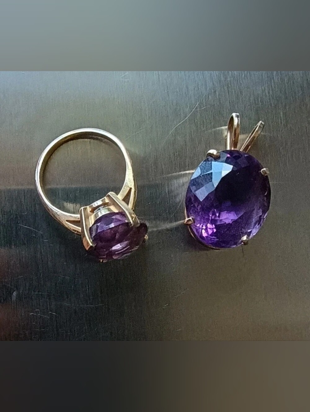 Vintage 14K Gold Large Amethyst Married Pair Ring Pendant Set • Stamped Star